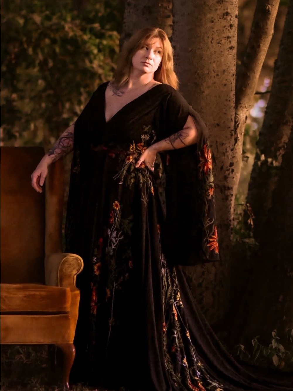 Black Floral Embroidered V-Neck Maxi Dress